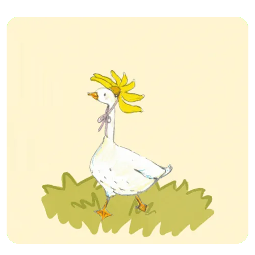A goose with a flower crown in the grass