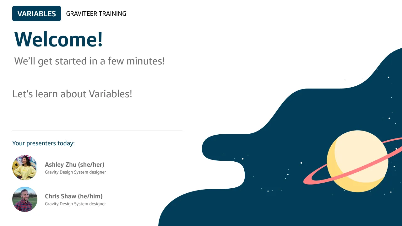 The welcome slide of the variables training, with the two presenters listed