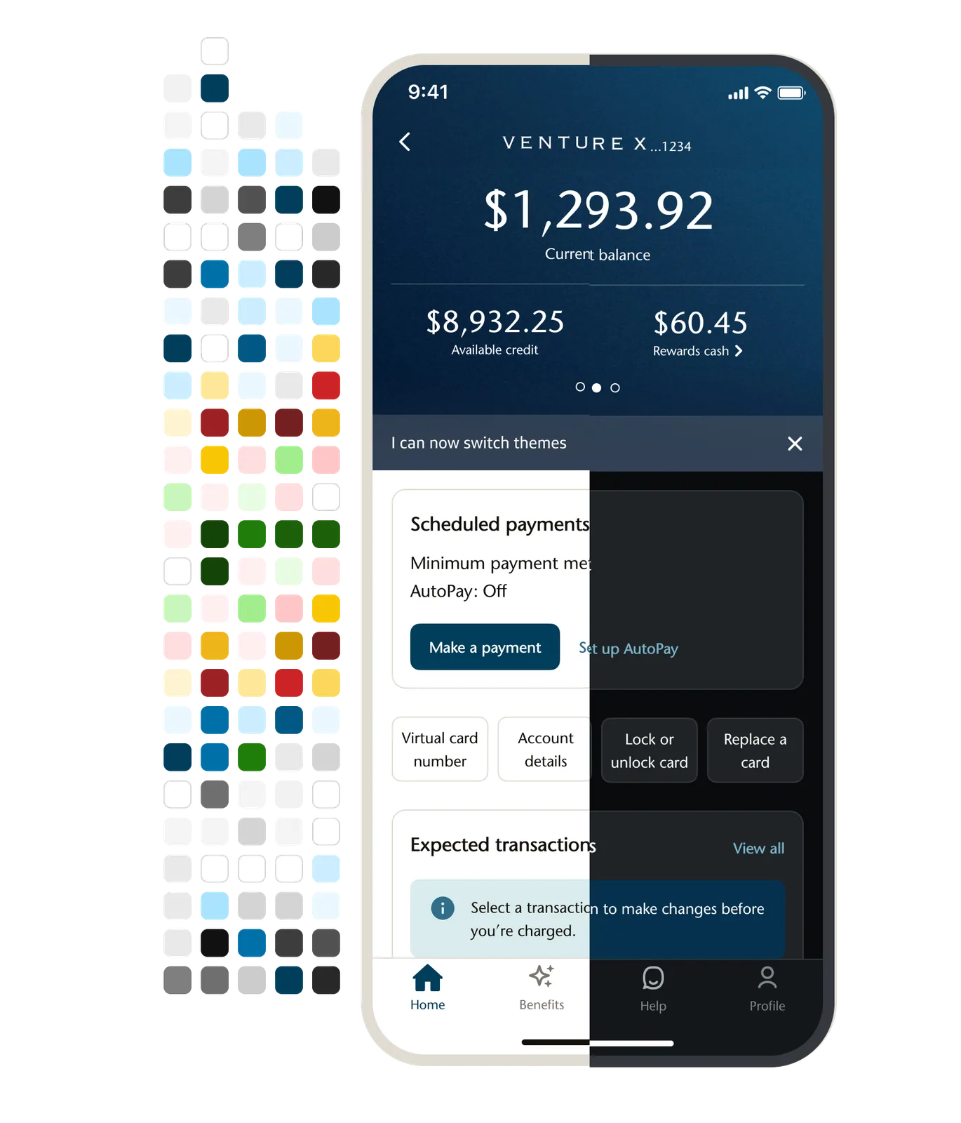 A banking app home screen on a phone, beside the grid of color swatches it is themed from