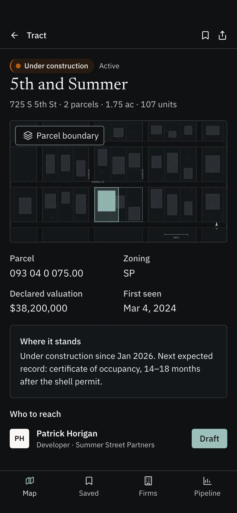 A parcel view on a phone, in dark mode