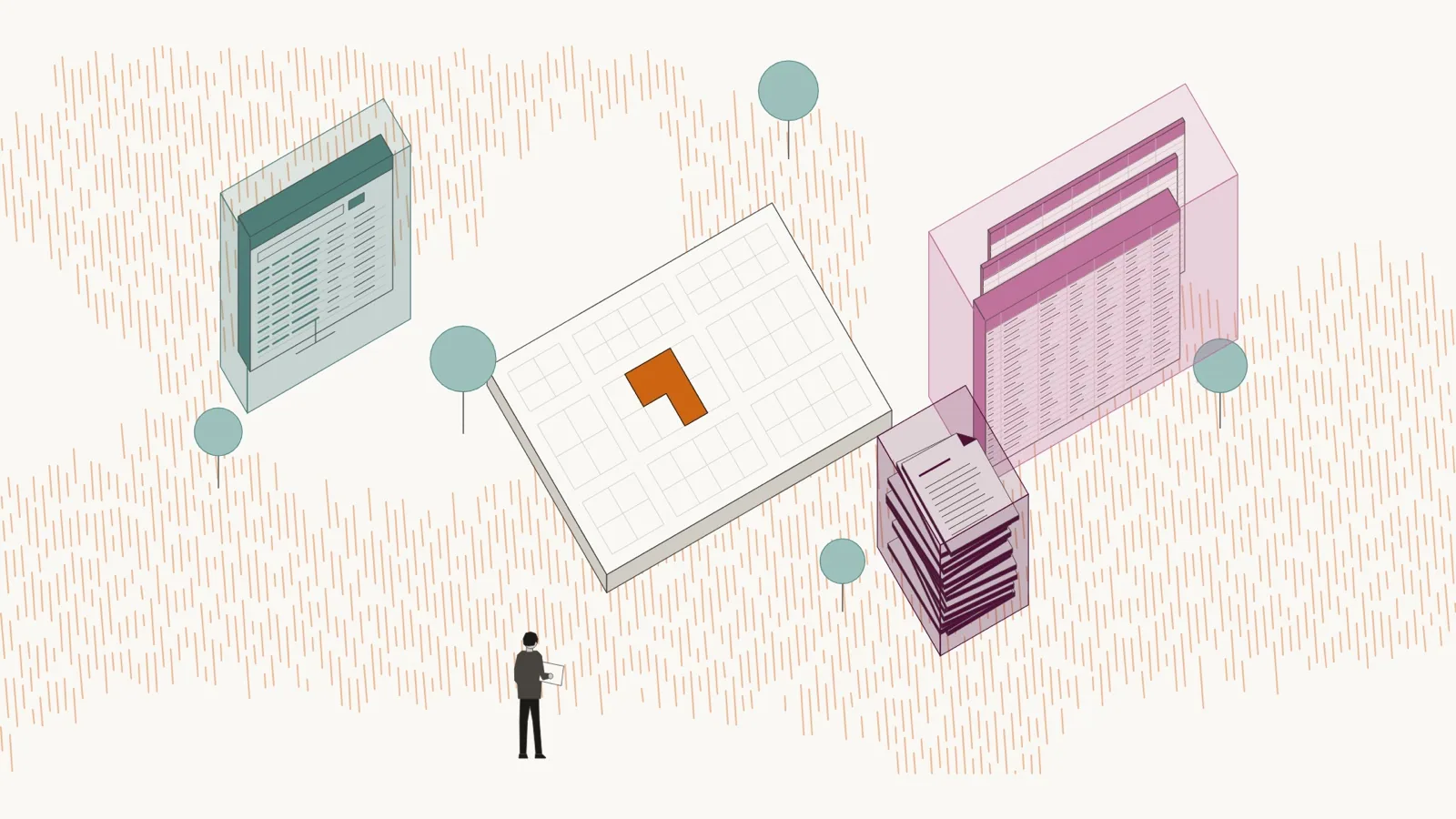 An Athens illustration: a city block drawn as a glass model, with filings and records rising out of a single parcel