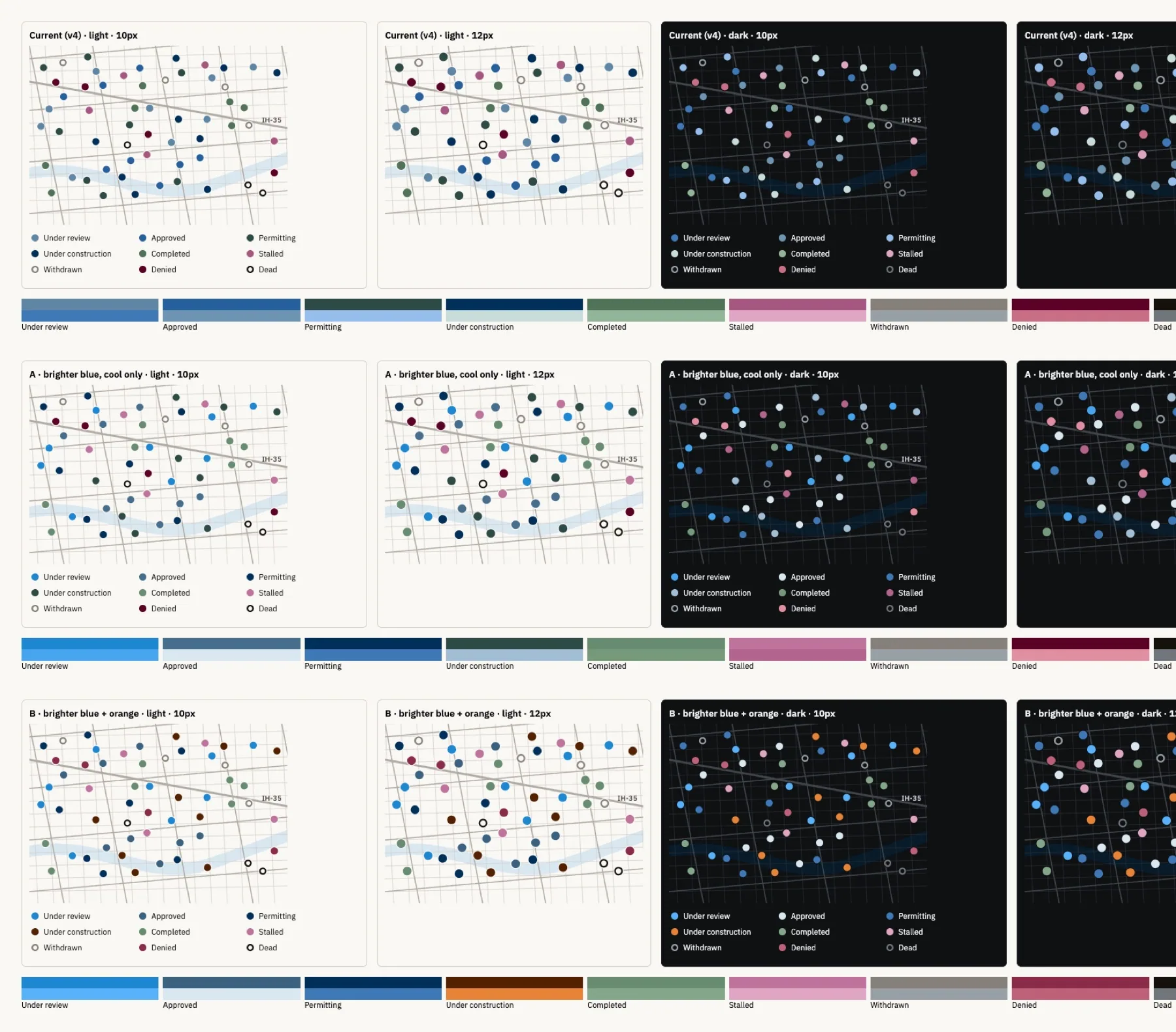 The lifecycle scale on the map in light and dark, compared across palettes