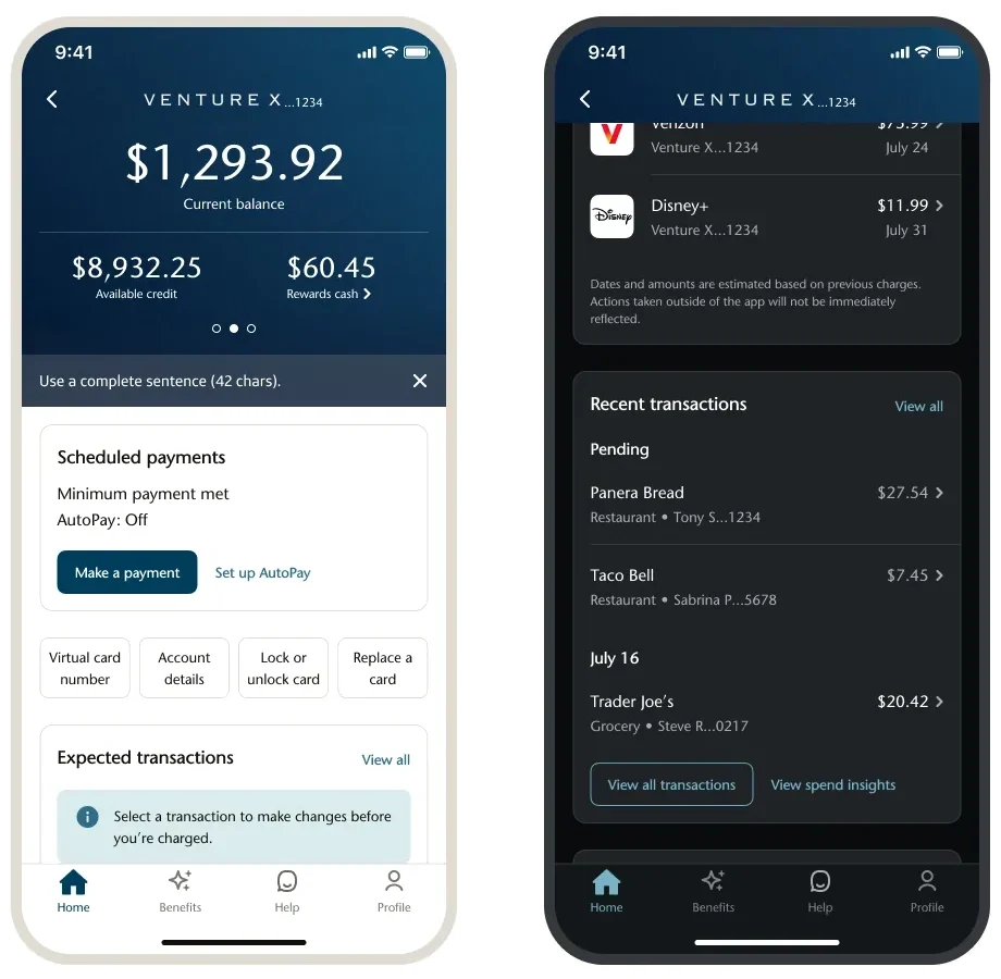 After: the brand refresh theme, a home screen in light mode and transactions in dark mode
