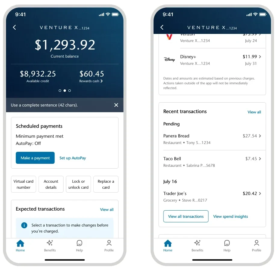 Before: the previous theme, a home screen and transactions, both in light mode